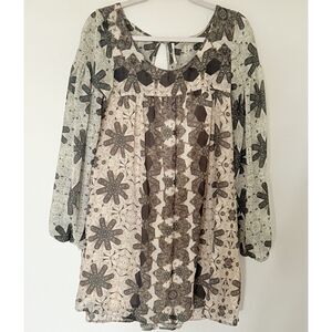 Free People Brown Cream Boho Sheer Shift Dress Chiffon Peasant Sleeves Sz  S